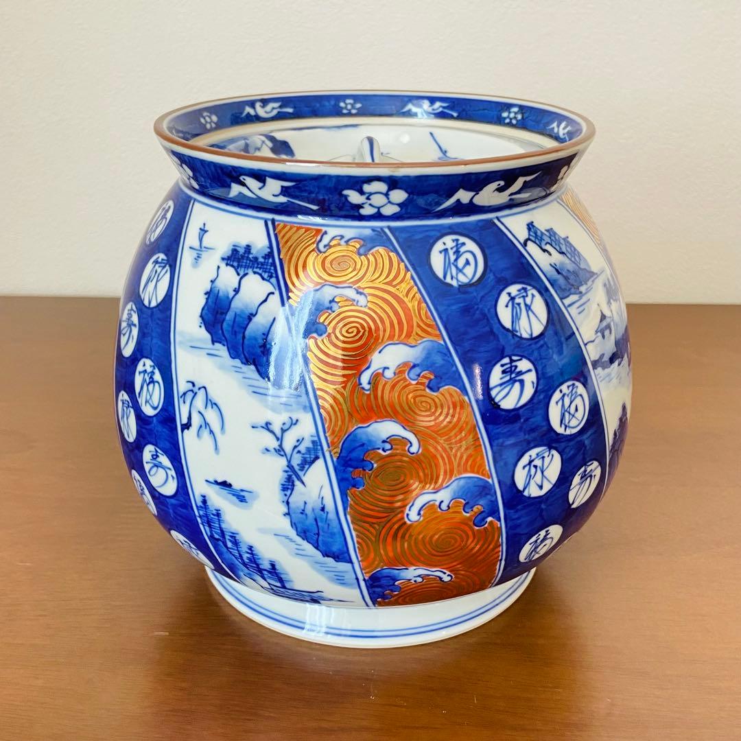 芋頭水指 染付金襴手　手塚祥堂　共箱入　茶道具　水差し　陶磁器　伝統工芸品
