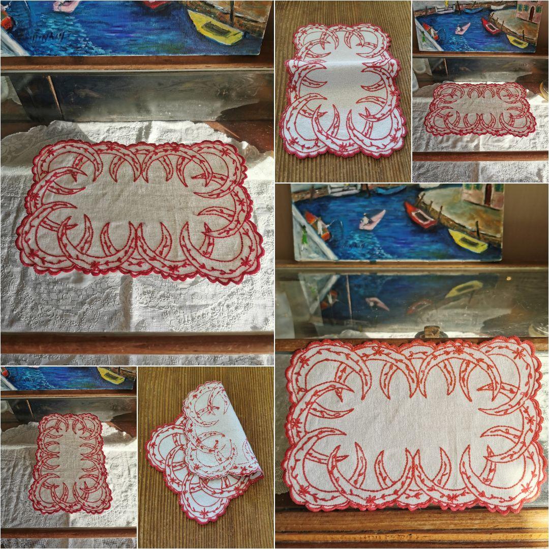アンティークフランス 赤糸刺繍トレイクロス クレッセント 小花 艶やかな縮緬風