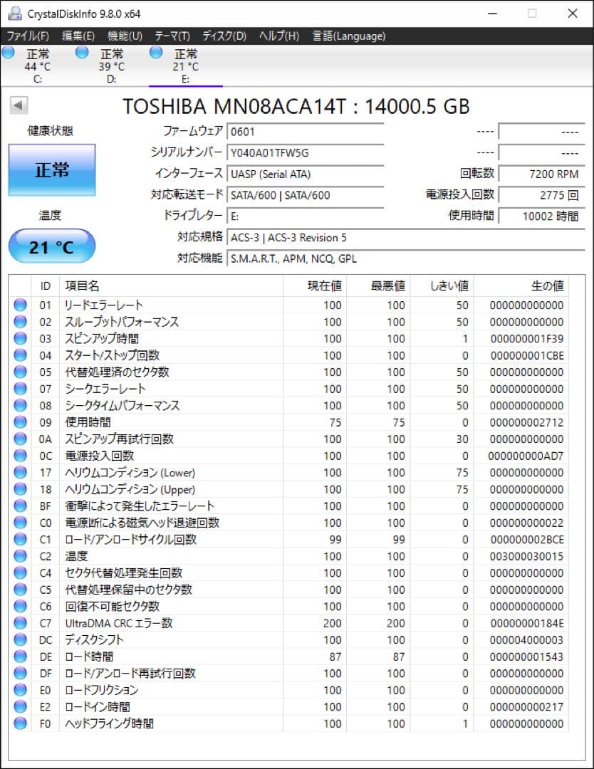 TOSHIBA MN08ACA14T 14TB 3.5インチ HDD