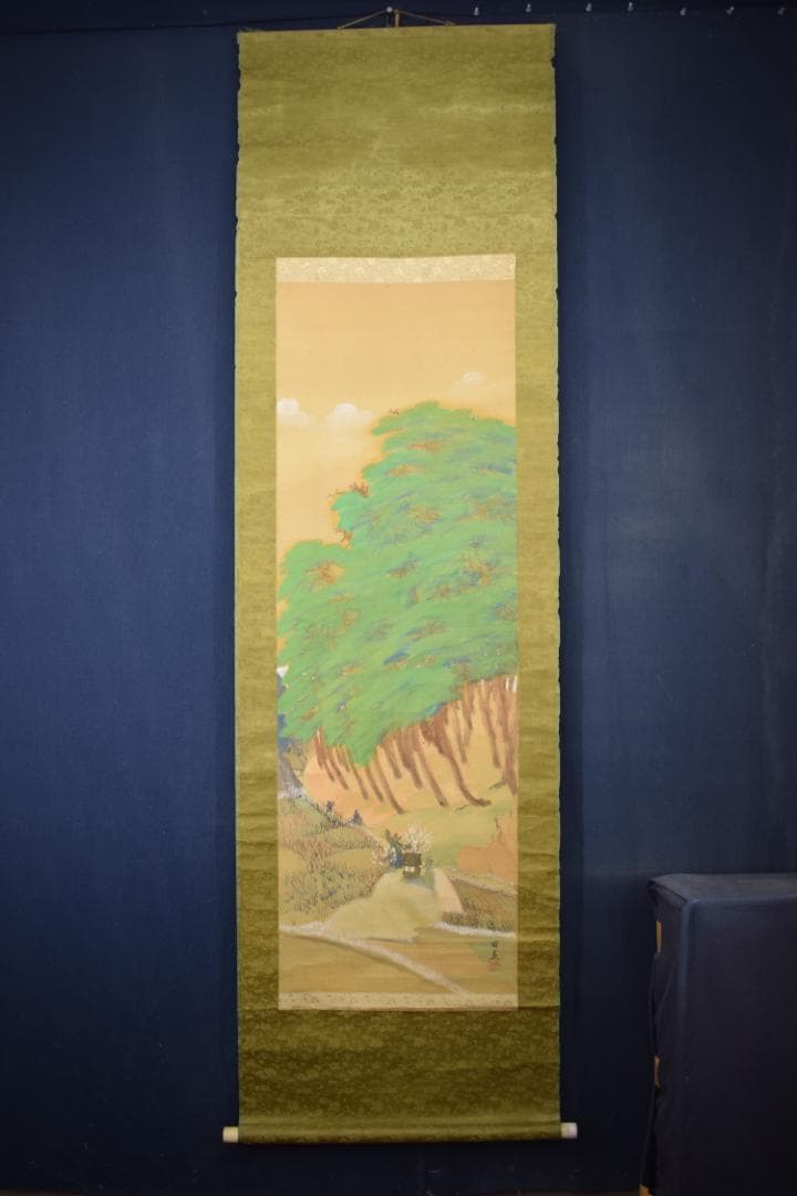 【真作】加藤國堂/国堂/青緑梅花人物図/青緑山水図/掛軸☆宝船☆Y-591　JM