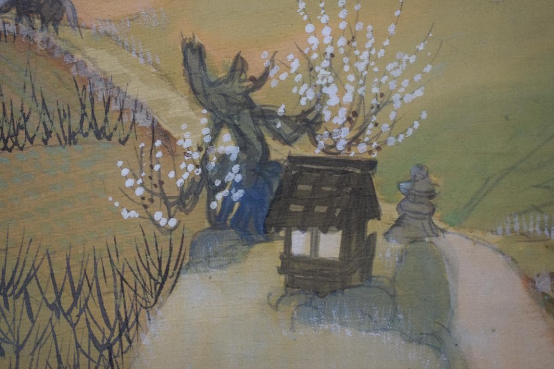 【真作】加藤國堂/国堂/青緑梅花人物図/青緑山水図/掛軸☆宝船☆Y-591　JM