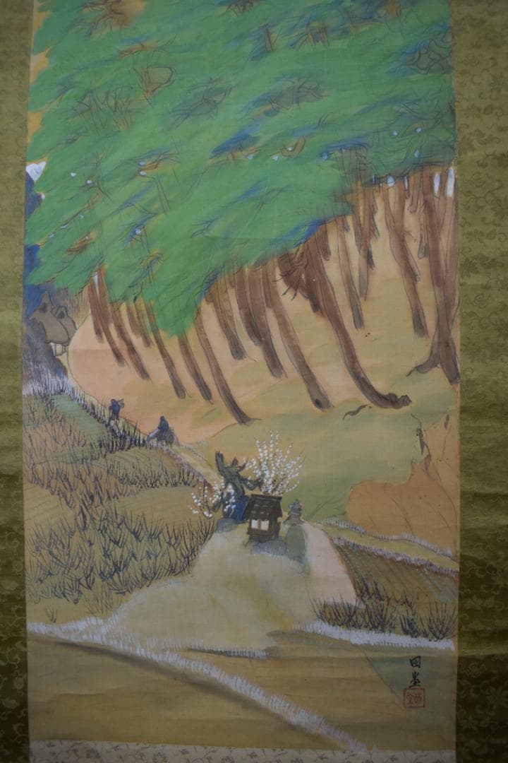 【真作】加藤國堂/国堂/青緑梅花人物図/青緑山水図/掛軸☆宝船☆Y-591　JM