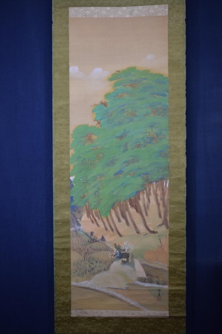 【真作】加藤國堂/国堂/青緑梅花人物図/青緑山水図/掛軸☆宝船☆Y-591　JM
