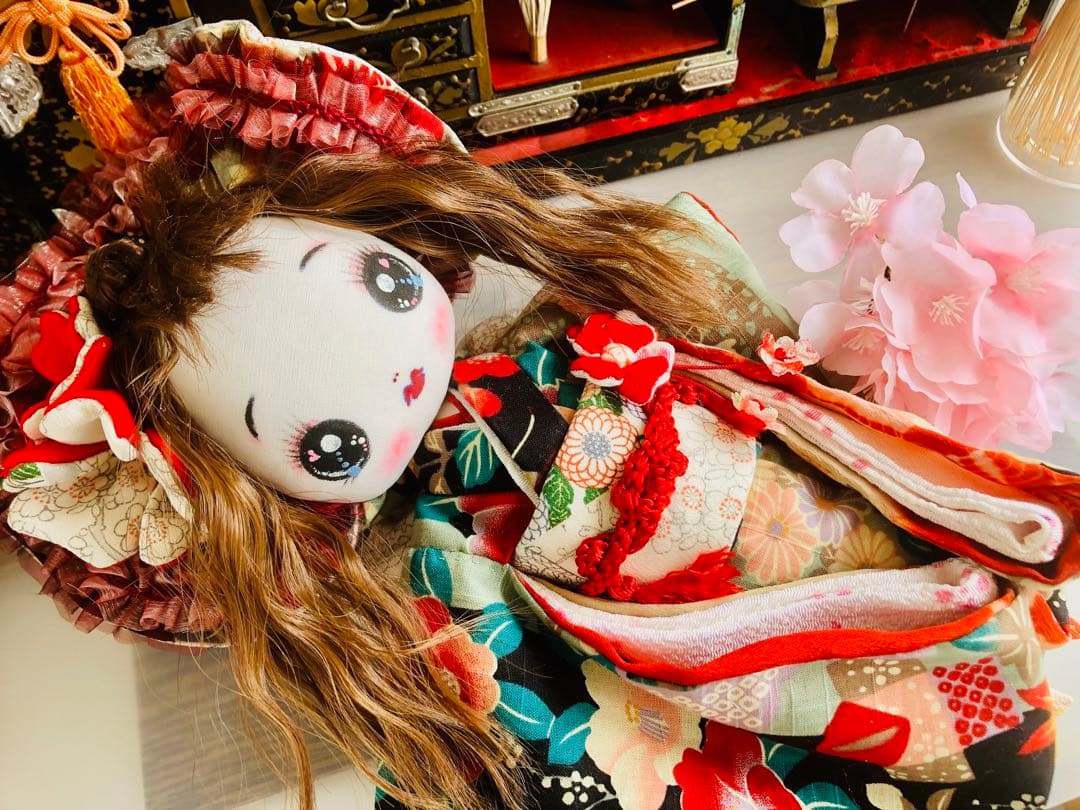＊夢 着物 文化人形＊お人形 布人形 約30cm エプロン着せ替え 古布＊