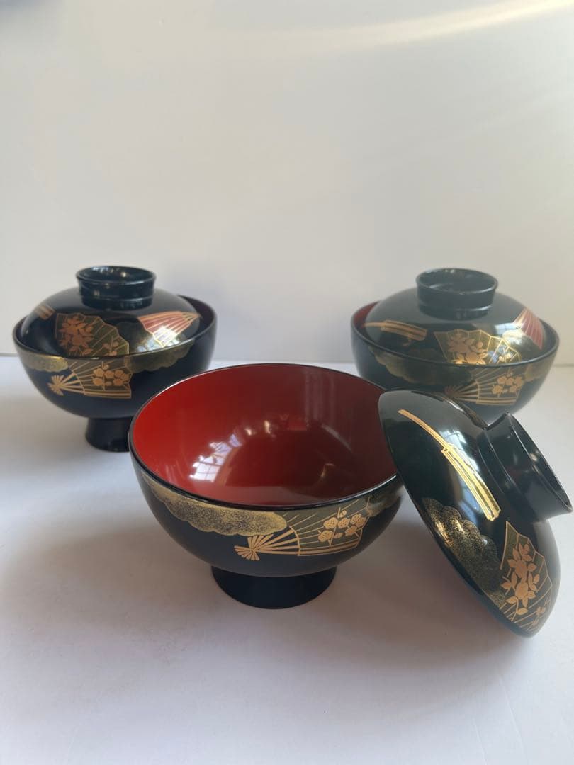 会津塗 蓋付き 大ぶり吸物椀 汁椀 丼椀 3セット 金蒔絵 扇柄 和食器