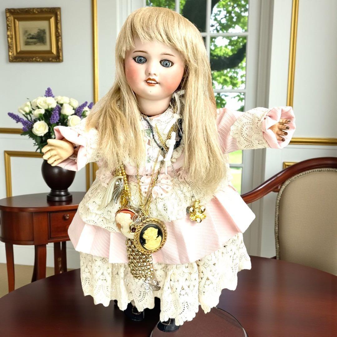 アンティーク ビスクドール ジュモー ピンク ドレス ボネ カメオ ネックレス