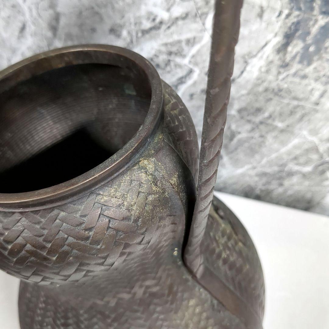 銅製花器 網代花器 高岡銅器 勝彦 約47cm 取っ手付 瓢箪 蔦紋 竹編籠型