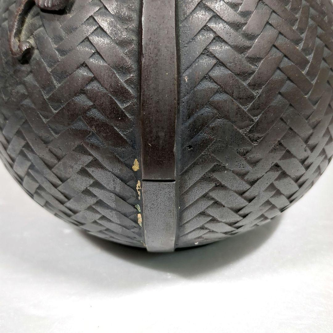 銅製花器 網代花器 高岡銅器 勝彦 約47cm 取っ手付 瓢箪 蔦紋 竹編籠型