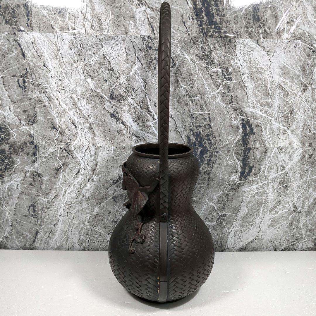 銅製花器 網代花器 高岡銅器 勝彦 約47cm 取っ手付 瓢箪 蔦紋 竹編籠型