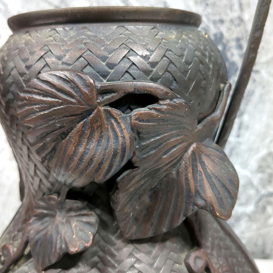 銅製花器 網代花器 高岡銅器 勝彦 約47cm 取っ手付 瓢箪 蔦紋 竹編籠型