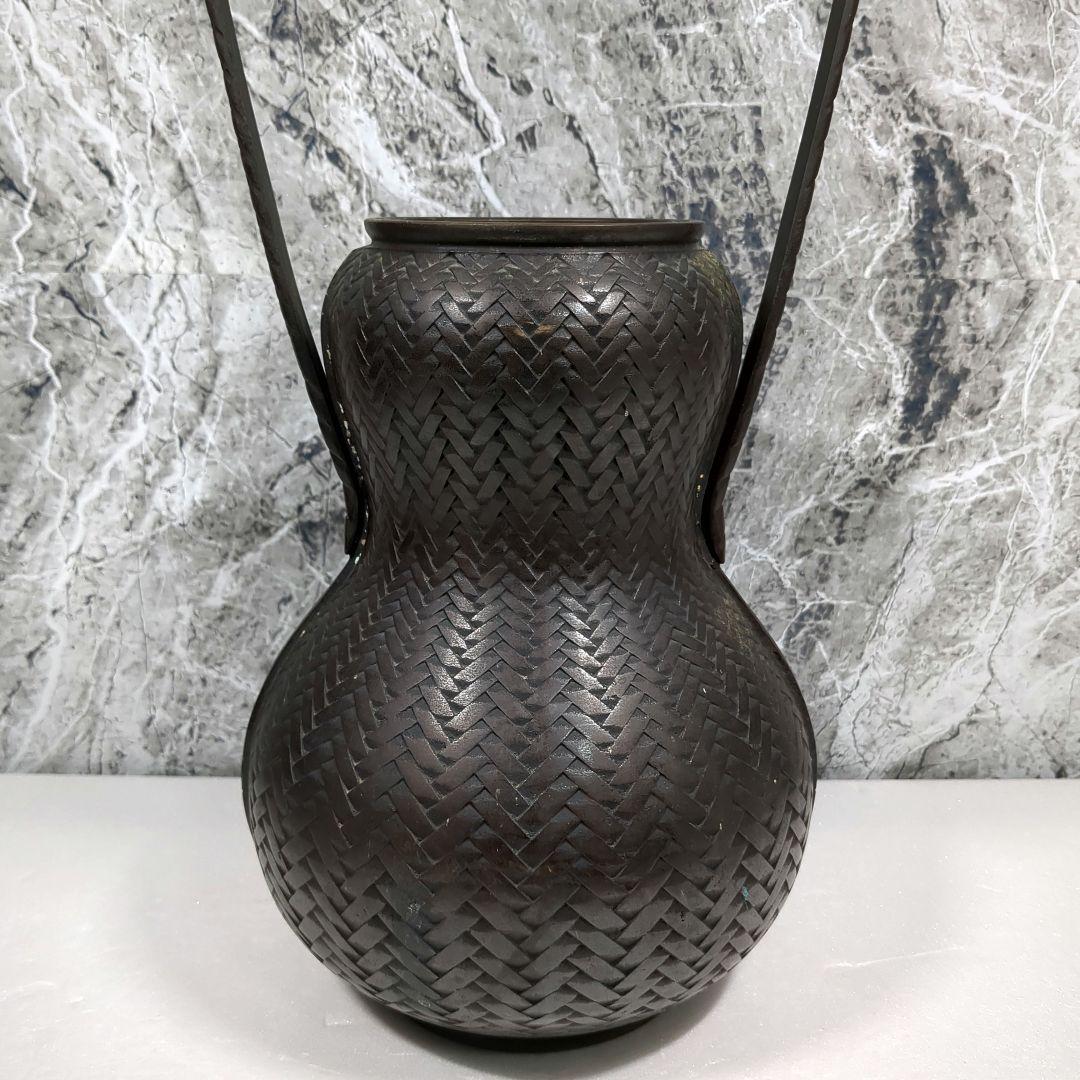 銅製花器 網代花器 高岡銅器 勝彦 約47cm 取っ手付 瓢箪 蔦紋 竹編籠型