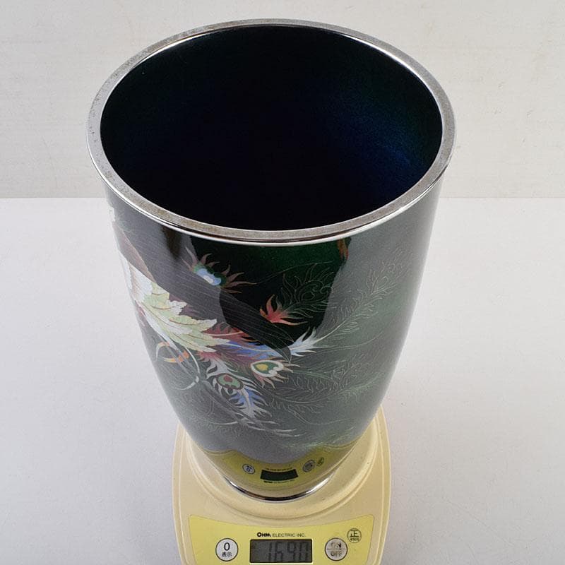 七宝焼　青透釉　鳳凰文　花瓶　箱付　G　R9589H
