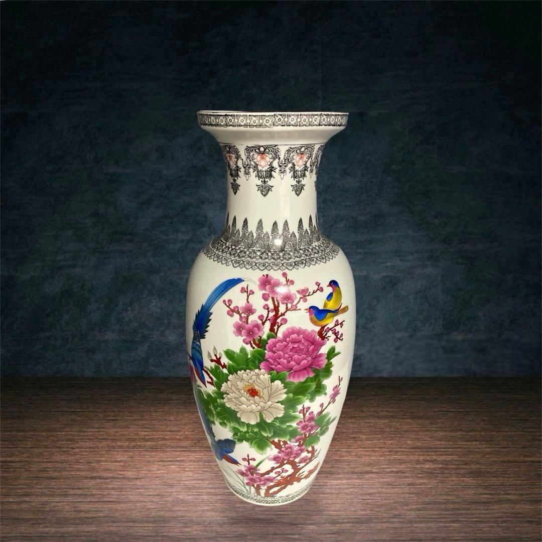 『中国美術』 景徳鎮製 粉彩色絵花鳥図 大花瓶 高さ60.5㎝ 重さ5.4kg