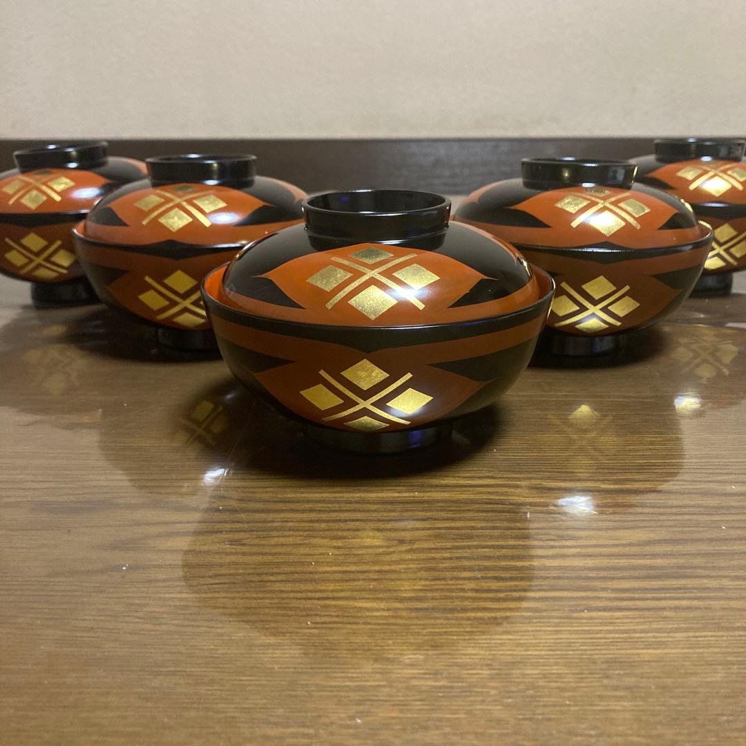 漆器　秀衡塗　翁知屋　黒内朱　蓋付き碗　汁椀　五客 セット
