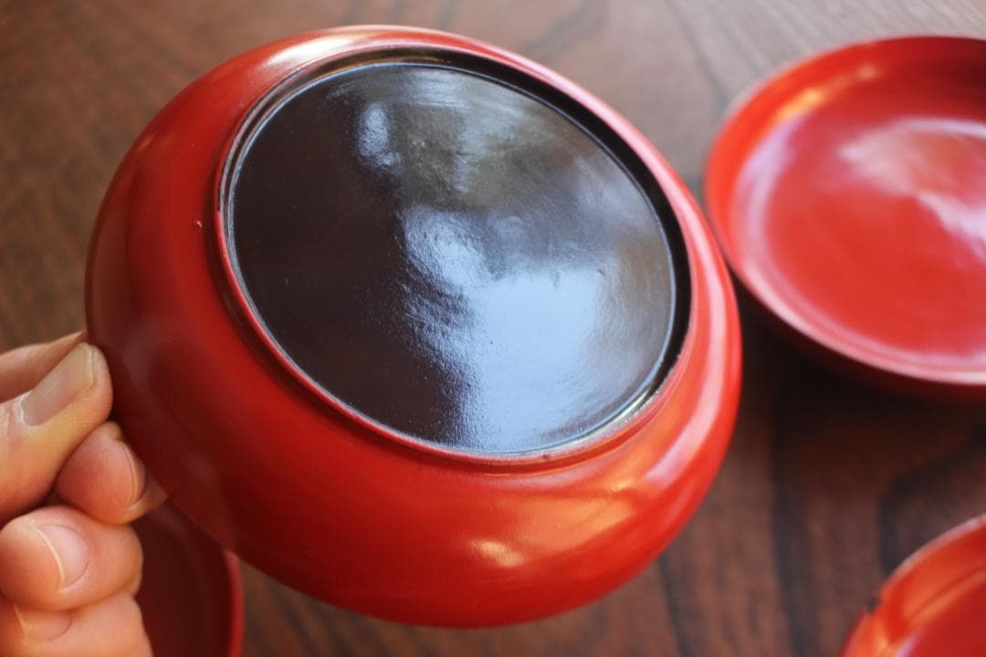 小傷有！シンプルデザインに時代朱漆の映える小皿5点（検輪島塗菓子皿銘々皿