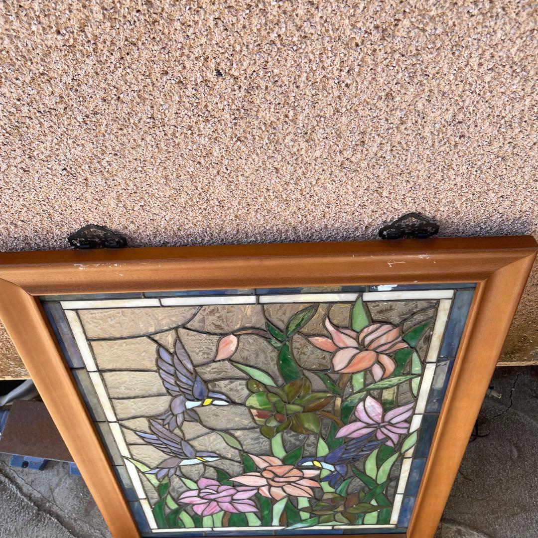 ステンドグラス パネル 青い野鳥と花 約72×57cm 壁掛け オブジェ