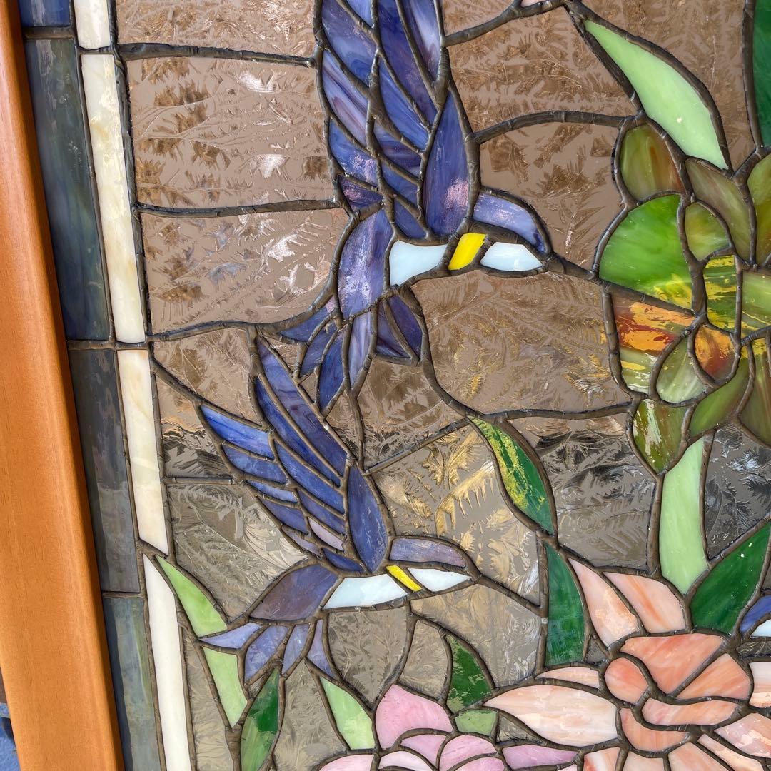 ステンドグラス パネル 青い野鳥と花 約72×57cm 壁掛け オブジェ