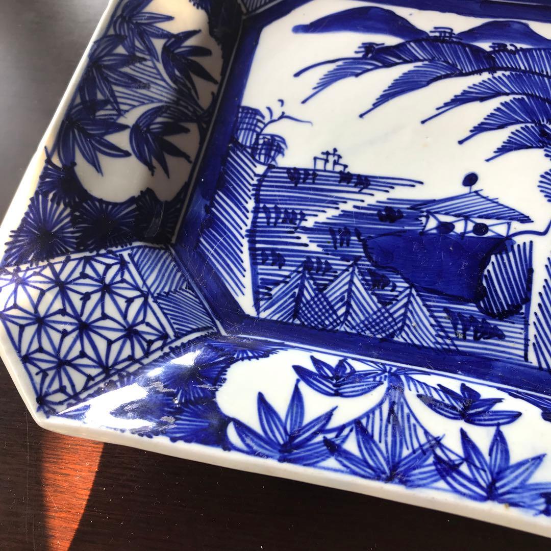美品　古伊万里　陶器　年代物　盛り皿　角皿　八角絵皿　線画　山水の絵柄が素敵な