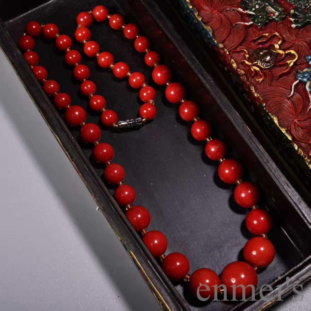 中国古美術 旧蔵『紅珊瑚 ネックレス』漆器箱付 赤いサンゴ 裝身具 裝飾品 掛飾