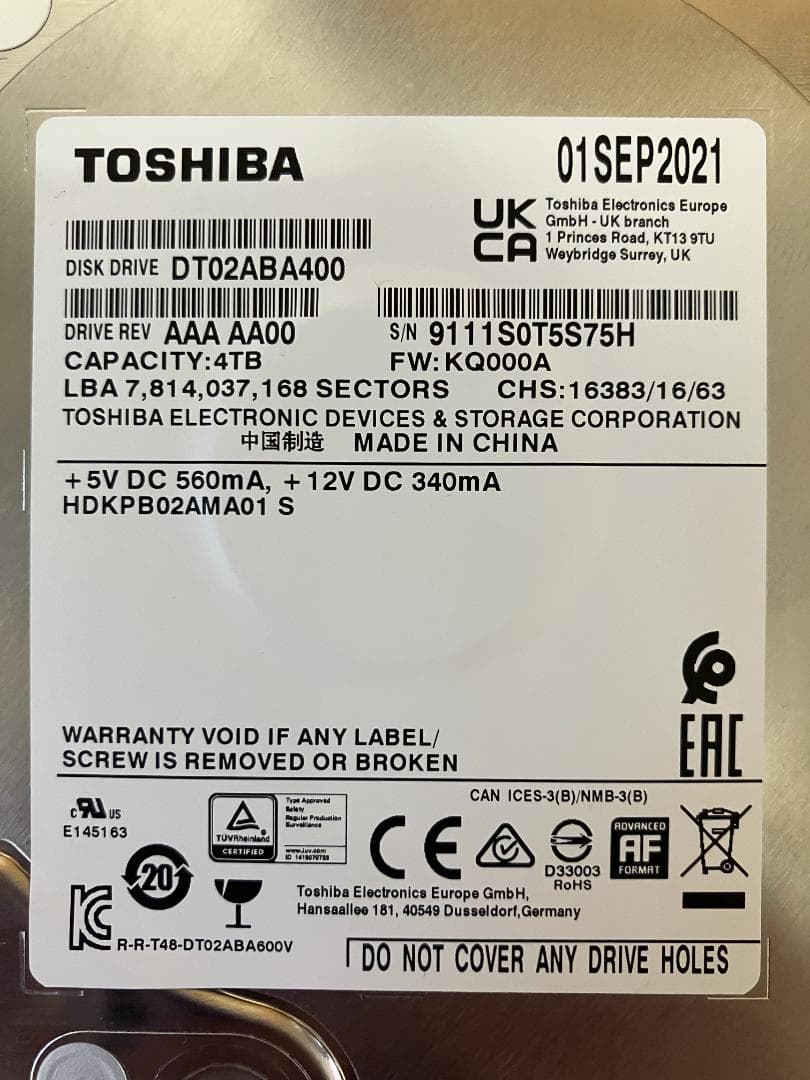 HDD 4TB 3.5インチ 使用時間極少 内蔵型 東芝製 動作保証