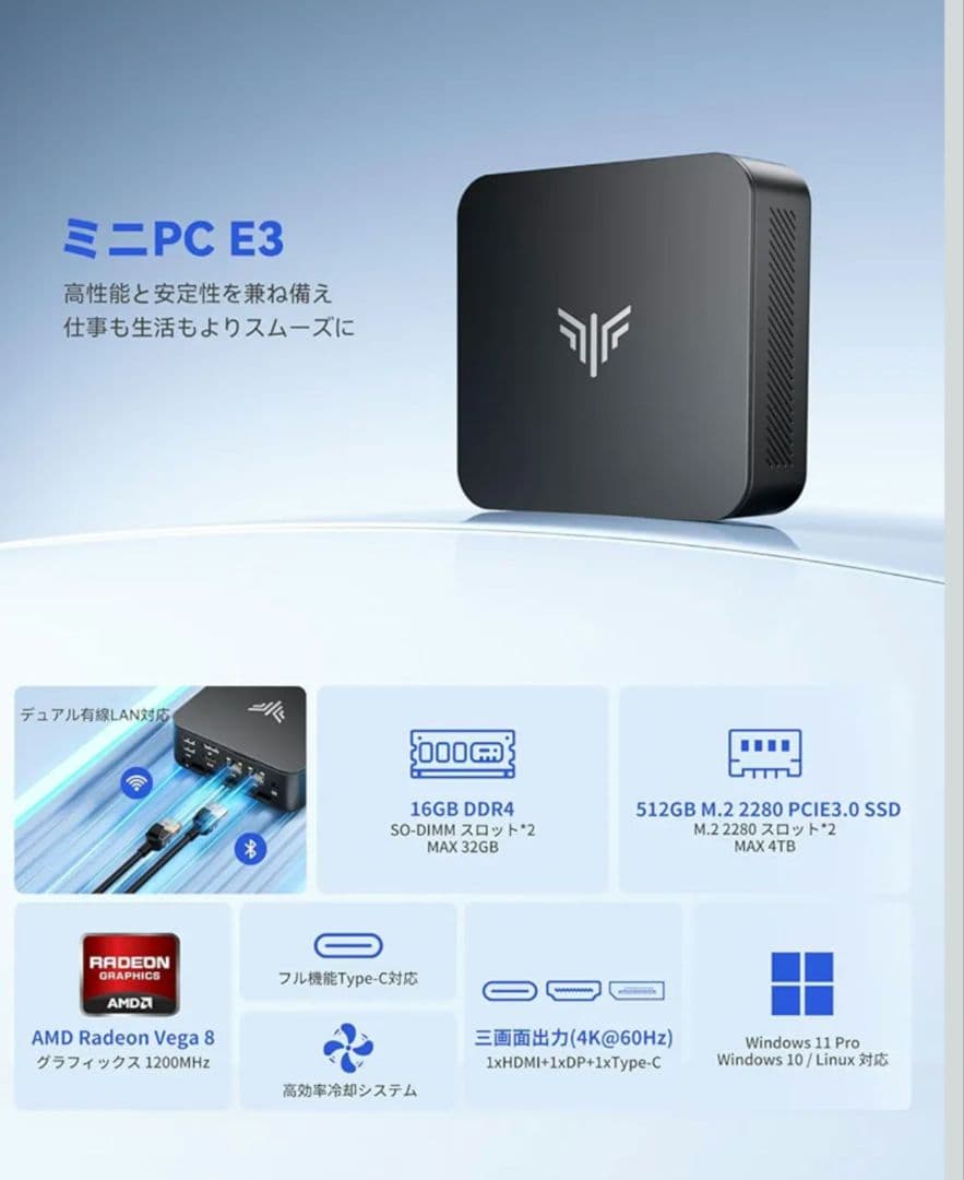 【ほぼ新品】ミニPC NiPoGi Ryzen5 3500U 16B+512GB