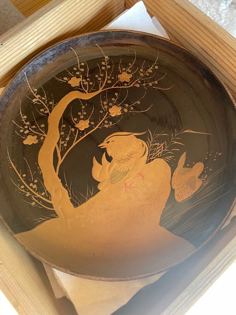 美品　希少　骨董品　漆器 皿 金箔 鳥 梅の木　百年前　10枚入　2箱　銘々皿