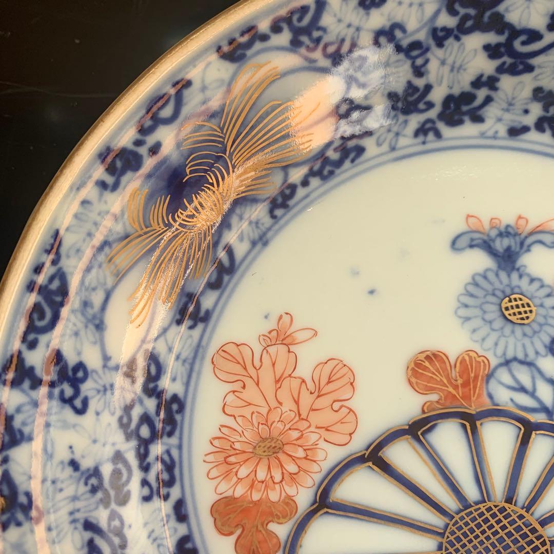 ★美品★大聖寺伊万里　菊花微塵唐草文　中皿　金襴手　角福　18cm　2客セット