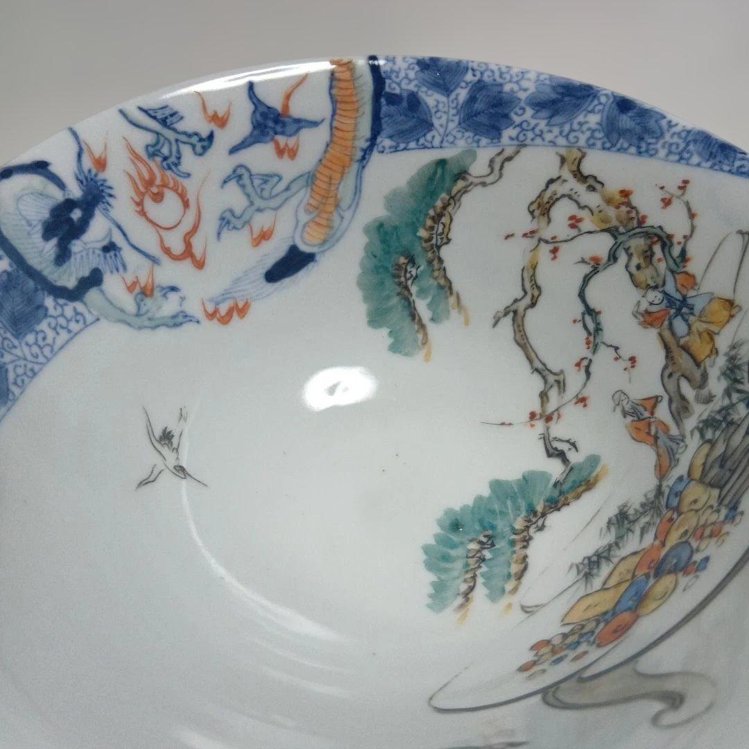骨董品　庄上製　還了樋口 手描きの青白い陶器の深皿