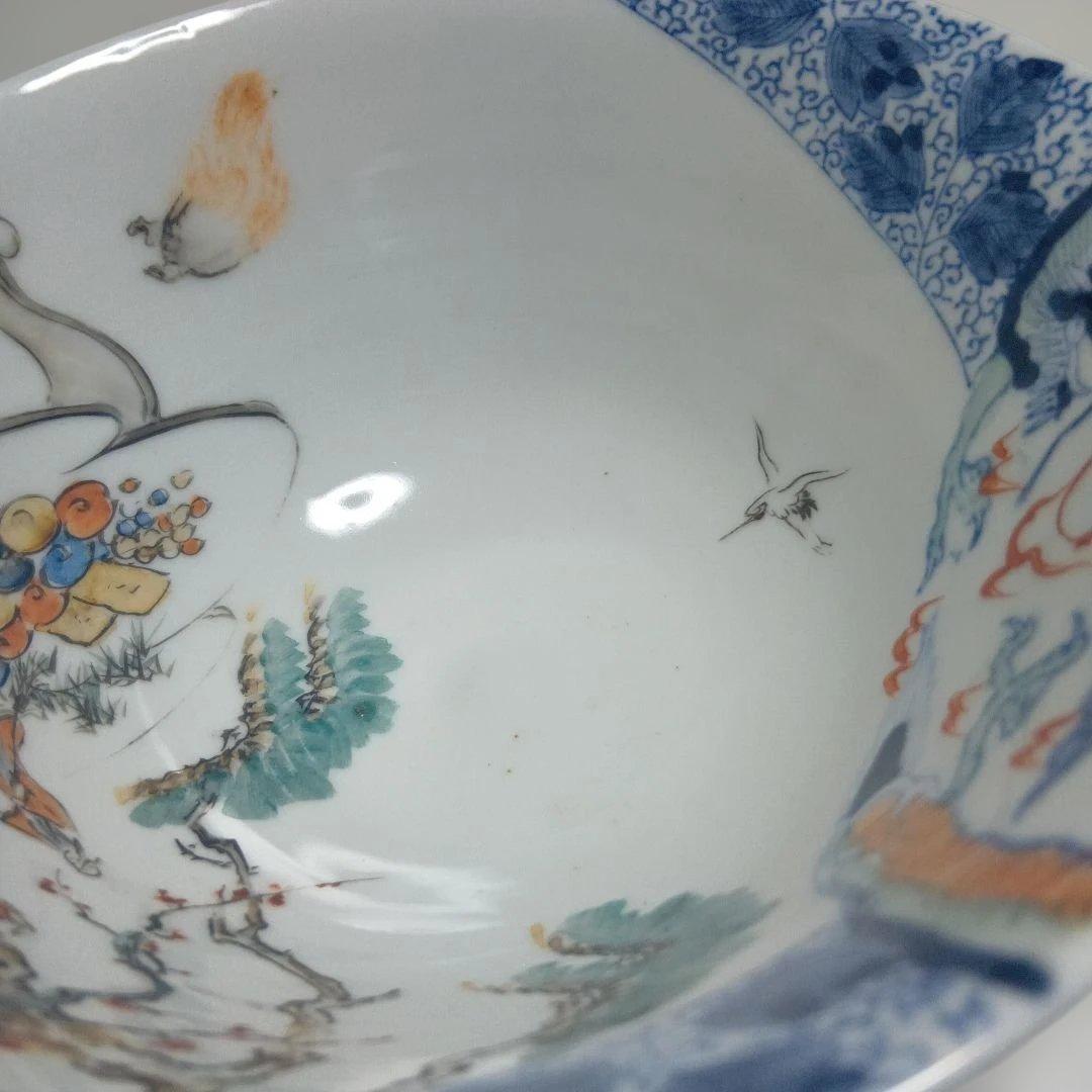 骨董品　庄上製　還了樋口 手描きの青白い陶器の深皿