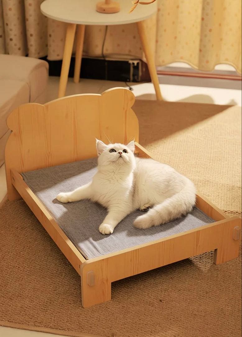 木製小型猫用ベッド クマ柄布団付き