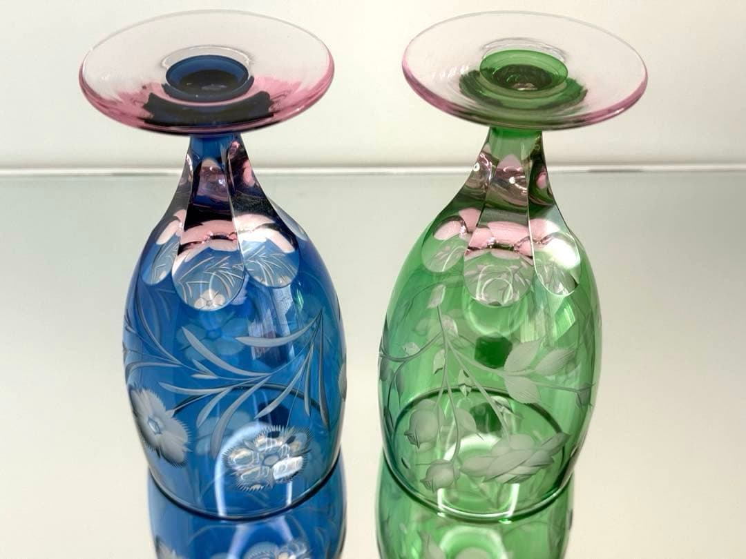 新品未使用 江戸切子 硝子工房 彩鳳 足付ビール杯 薔薇 撫子文様 ペアグラス