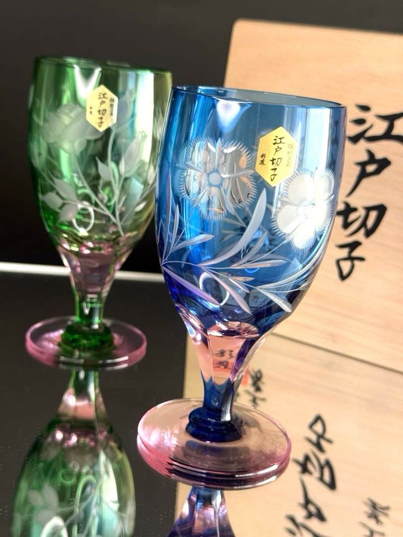 新品未使用 江戸切子 硝子工房 彩鳳 足付ビール杯 薔薇 撫子文様 ペアグラス