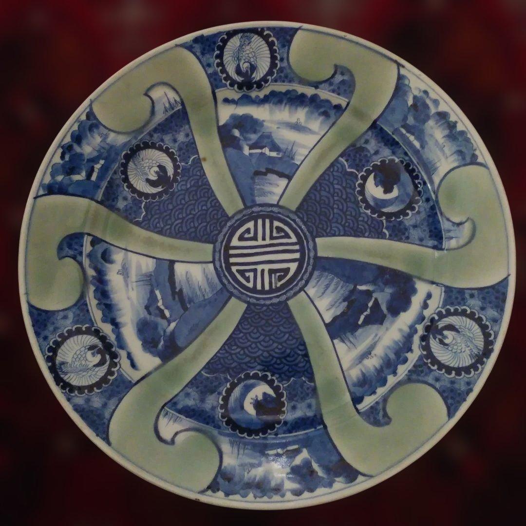 希少　珍品　 古伊万里 有田官窯　青磁染付大皿　特大皿　口径約44cm　有田焼