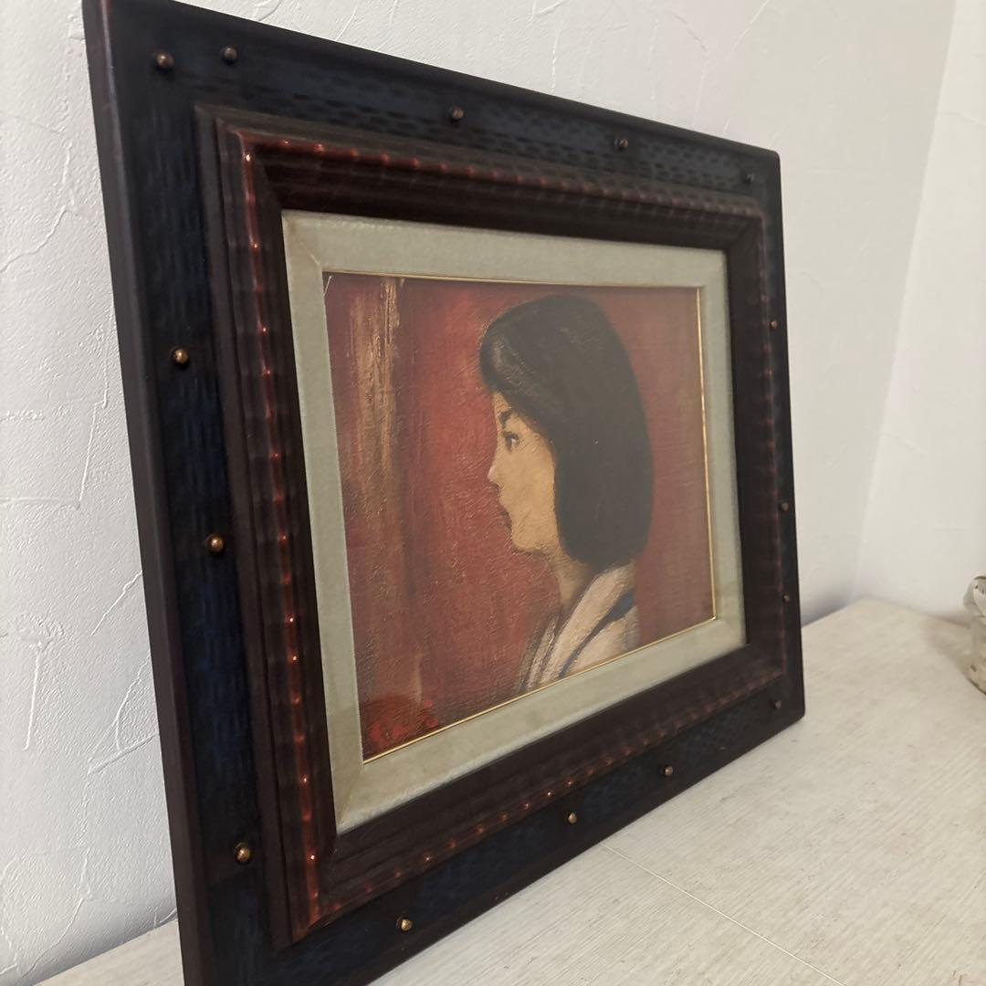 【直筆サイン入り】山尾才『赤い服』油彩画 額縁付き 肉筆 絵画
