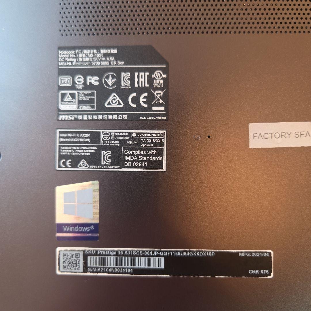 Windowsノート本体 MSI Prestige 15 A11SCS