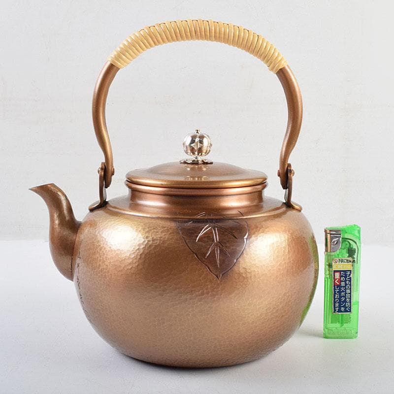煎茶道具　山川堂造　純銅　葉文　手打　湯沸し　箱付　M　R9568