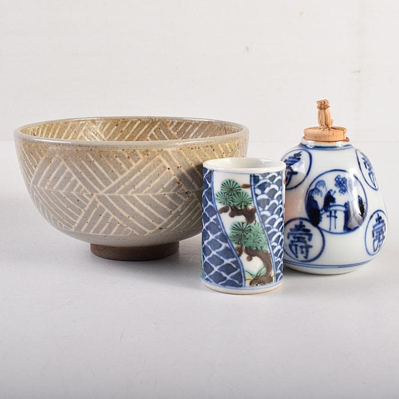 茶道具　糸目塗分　利休茶箱　膳所焼　三島茶碗　棗など　八点　一式　M　R8835