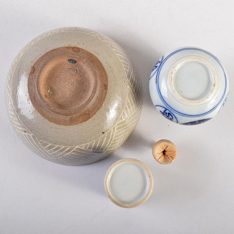 茶道具　糸目塗分　利休茶箱　膳所焼　三島茶碗　棗など　八点　一式　M　R8835