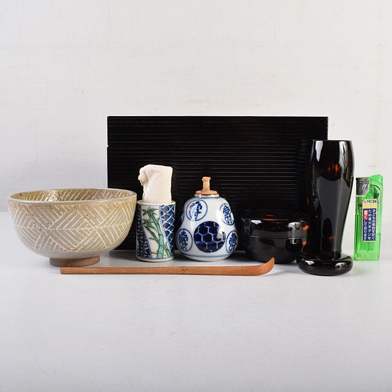 茶道具　糸目塗分　利休茶箱　膳所焼　三島茶碗　棗など　八点　一式　M　R8835