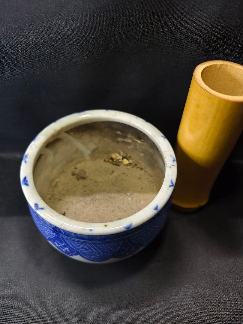 紫檀煙草盆 古材唐木 透かし彫り骨董 香道具 茶道具 古美術 染付香鉢蔵出し美品