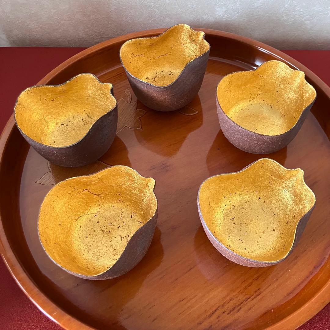 音羽山窯 小器 ミニ小鉢 ５客 瓢箪 金箔
