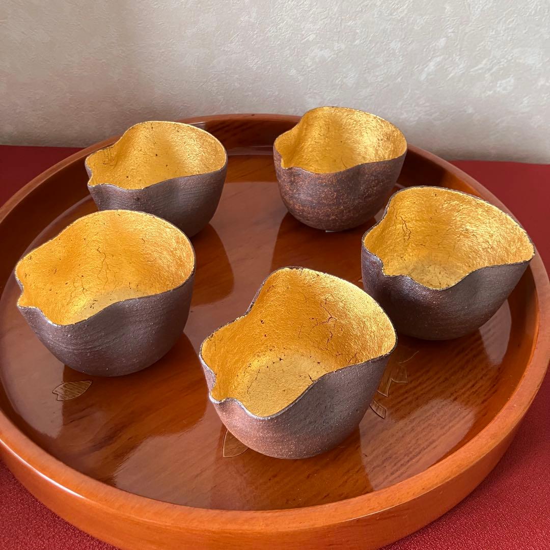 音羽山窯 小器 ミニ小鉢 ５客 瓢箪 金箔