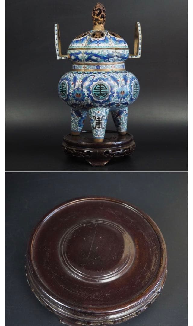 送料無料　時代唐物 龍鳳摘み大型七宝香炉 台付き高36cm 中国古玩