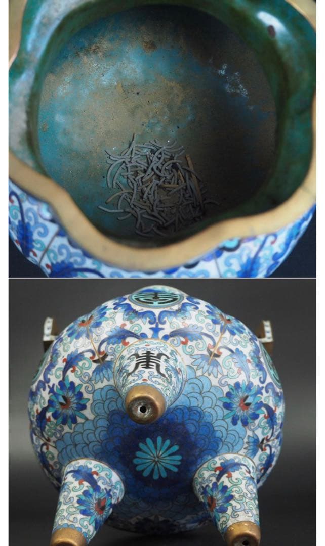 送料無料　時代唐物 龍鳳摘み大型七宝香炉 台付き高36cm 中国古玩