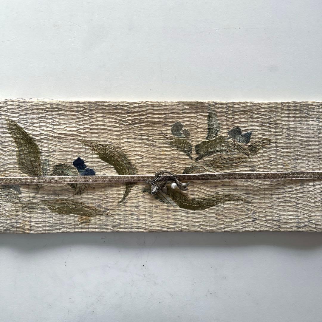 6082◆アンティーク名古屋帯生成り淡い藍染絞染蜂露草手刺繍逸品コレクション