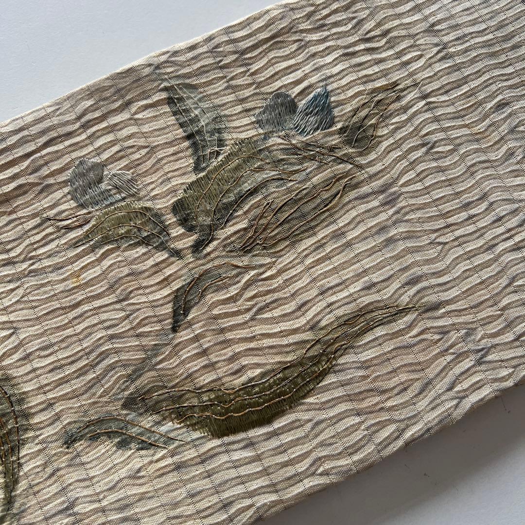 6082◆アンティーク名古屋帯生成り淡い藍染絞染蜂露草手刺繍逸品コレクション