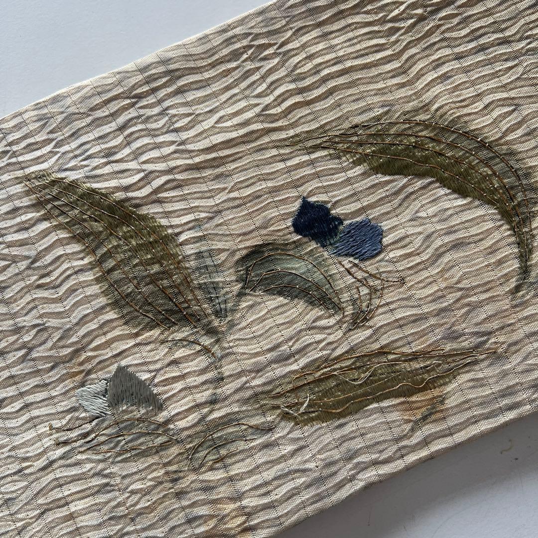 6082◆アンティーク名古屋帯生成り淡い藍染絞染蜂露草手刺繍逸品コレクション