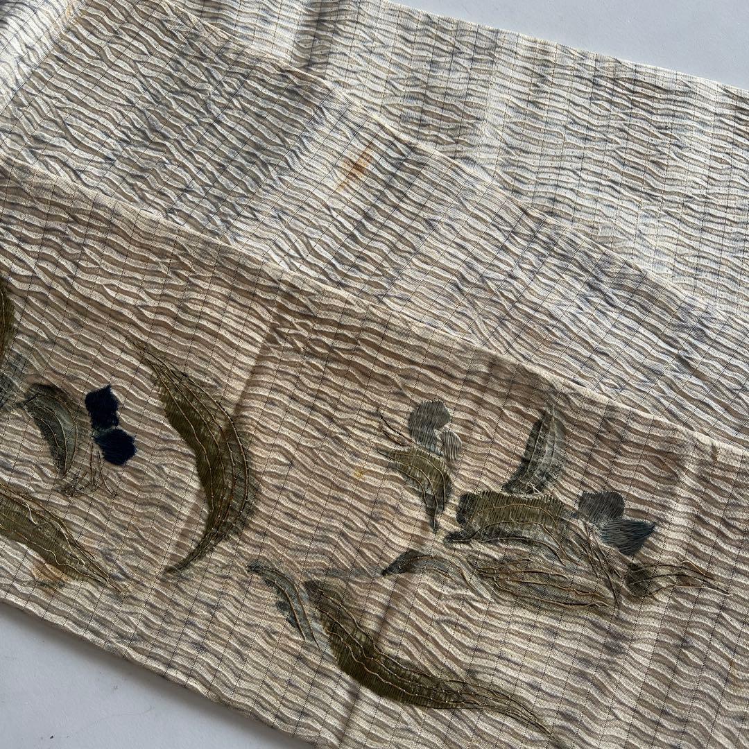 6082◆アンティーク名古屋帯生成り淡い藍染絞染蜂露草手刺繍逸品コレクション