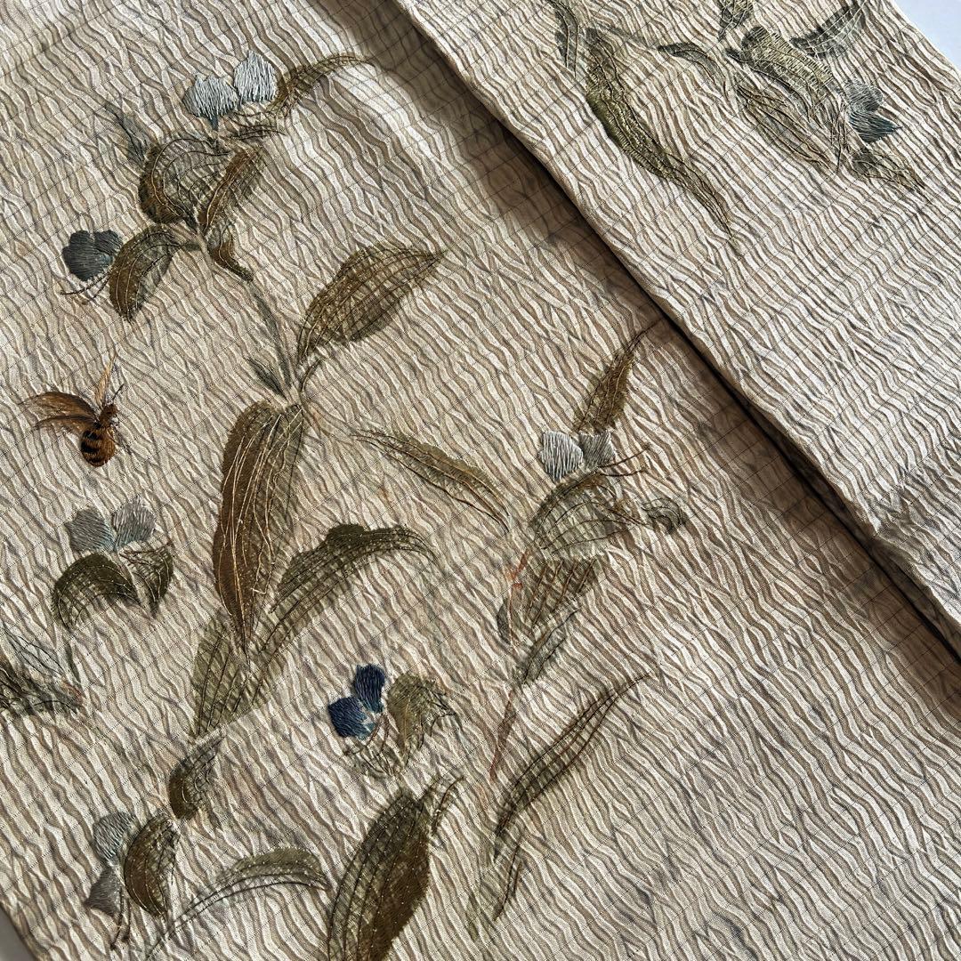 6082◆アンティーク名古屋帯生成り淡い藍染絞染蜂露草手刺繍逸品コレクション