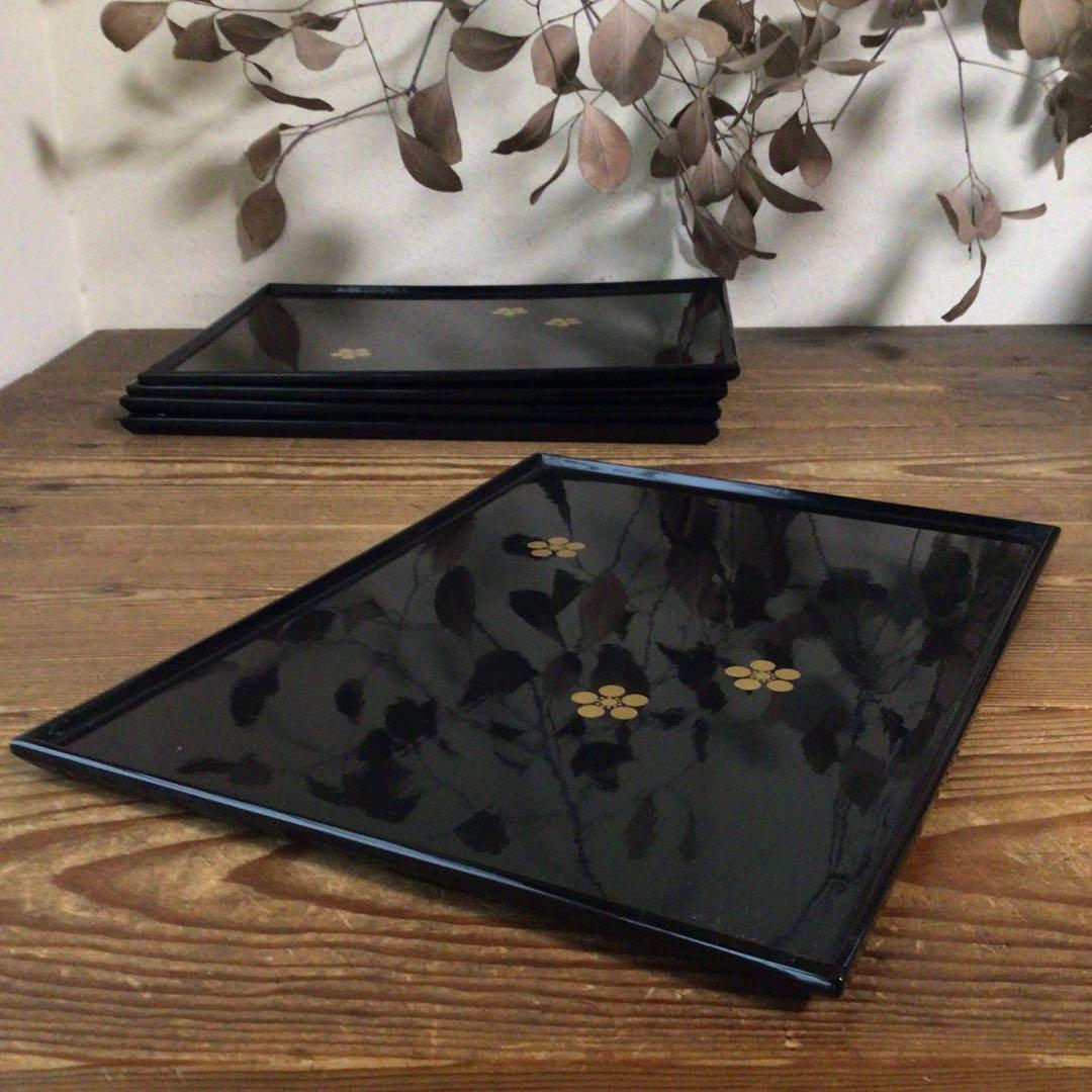 No5061輪島塗梅文長方盆　5枚　木箱付　茶道具　輪島塗　漆器　漆芸　送料無料